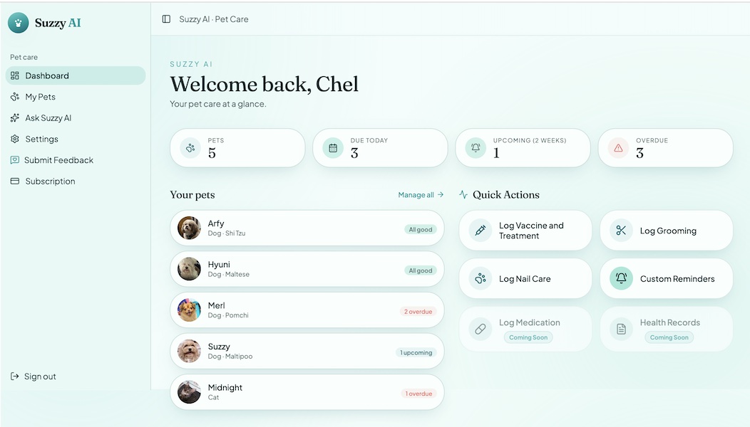 Suzzy AI dashboard with pets, quick actions, and care stats