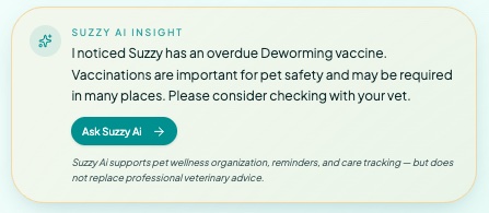 Suzzy Ai Assistant feed with personalized reminders per pet