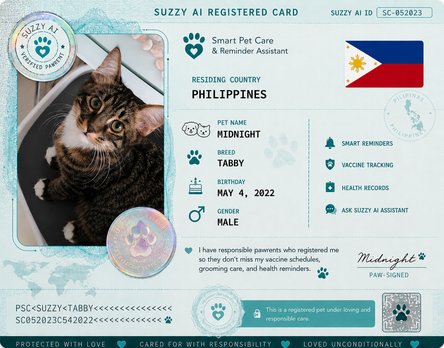 Suzzy AI Registered Pet Card — Midnight the Tabby