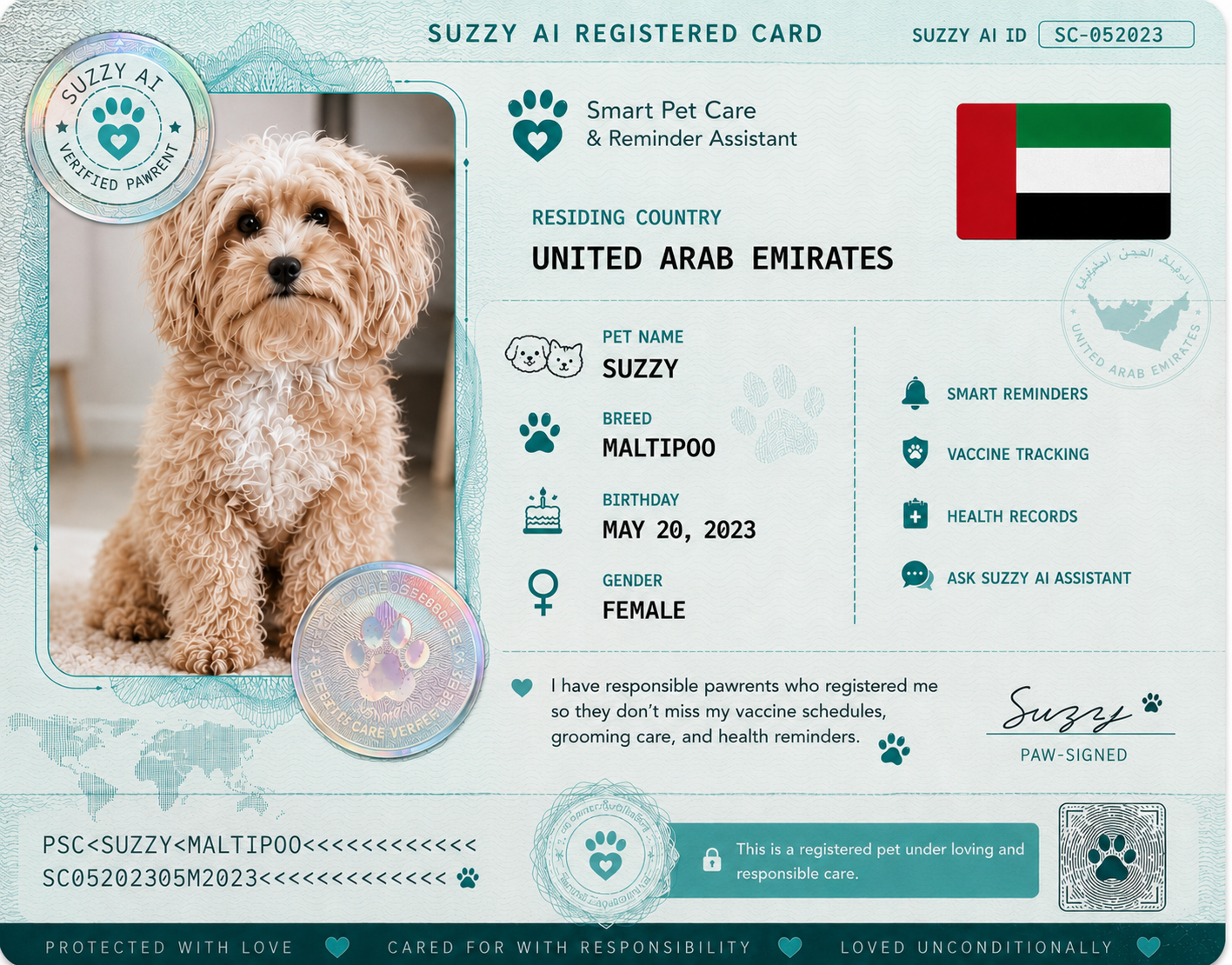 Suzzy AI Registered Pet Card — Suzzy the Maltipoo